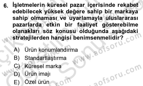 Küresel Pazarlama Dersi 2024 - 2025 Yılı (Final) Dönem Sonu Sınav Soruları 6. Soru