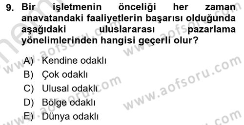 Küresel Pazarlama Dersi 2025 - 2026 Yılı (Vize) Ara Sınav Soruları 9. Soru