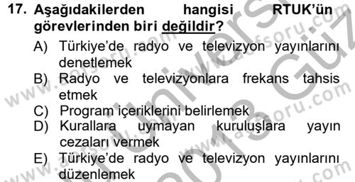 Radyo ve Televizyon Programcılığının Temel Kavramları Dersi Ara Sınavı Deneme Sınav Soruları 17. Soru