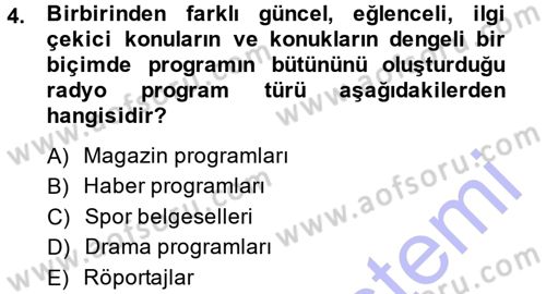 Radyo ve Televizyon Programcılığının Temel Kavramları Dersi 2013 - 2014 Yılı (Final) Dönem Sonu Sınav Soruları 4. Soru