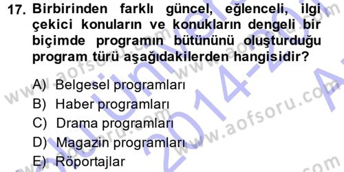 Radyo ve Televizyon Programcılığının Temel Kavramları Dersi 2014 - 2015 Yılı (Vize) Ara Sınavı 17. Soru