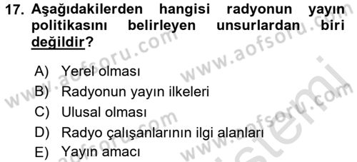 Radyo ve Televizyon Programcılığının Temel Kavramları Dersi 2016 - 2017 Yılı (Vize) Ara Sınav Soruları 17. Soru