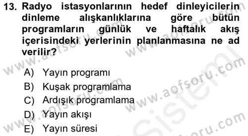 Radyo ve Televizyon Programcılığının Temel Kavramları Dersi 2017 - 2018 Yılı (Final) Dönem Sonu Sınav Soruları 13. Soru