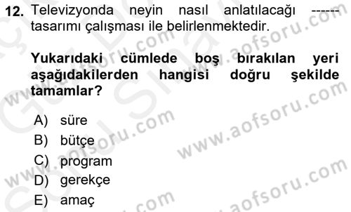 Radyo ve Televizyon Programcılığının Temel Kavramları Dersi 2018 - 2019 Yılı (Final) Dönem Sonu Sınav Soruları 12. Soru