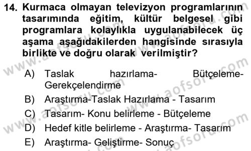 Radyo ve Televizyon Programcılığının Temel Kavramları Dersi 2018 - 2019 Yılı (Final) Dönem Sonu Sınav Soruları 14. Soru