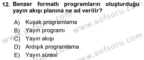 Radyo ve Televizyon Programcılığının Temel Kavramları Dersi 2018 - 2019 Yılı Yaz Okulu Sınav Soruları 12. Soru