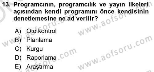 Radyo ve Televizyon Programcılığının Temel Kavramları Dersi 2021 - 2022 Yılı Yaz Okulu Sınav Soruları 13. Soru