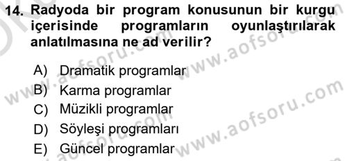 Radyo ve Televizyon Programcılığının Temel Kavramları Dersi 2022 - 2023 Yılı Yaz Okulu Sınav Soruları 14. Soru