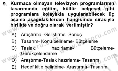 Radyo ve Televizyon Programcılığının Temel Kavramları Dersi 2022 - 2023 Yılı Yaz Okulu Sınav Soruları 9. Soru