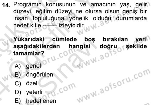 Radyo ve Televizyon Programcılığının Temel Kavramları Dersi 2023 - 2024 Yılı Yaz Okulu Sınav Soruları 14. Soru