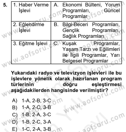 Radyo ve Televizyonda Program Yapımı Dersi 2017 - 2018 Yılı (Vize) Ara Sınav Soruları 5. Soru