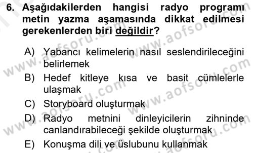 Radyo ve Televizyonda Program Yapımı Dersi 2018 - 2019 Yılı (Vize) Ara Sınavı 6. Soru