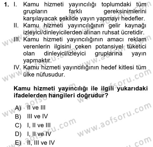 Radyo ve Televizyonda Program Yapımı Dersi 2020 - 2021 Yılı Yaz Okulu Sınav Soruları 1. Soru