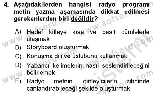 Radyo ve Televizyonda Program Yapımı Dersi 2020 - 2021 Yılı Yaz Okulu Sınav Soruları 4. Soru