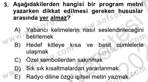 Radyo ve Televizyonda Program Yapımı Dersi 2021 - 2022 Yılı Yaz Okulu Sınav Soruları 3. Soru
