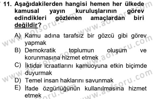 Radyo ve Televizyon Yayıncılığı Dersi 2012 - 2013 Yılı (Vize) Ara Sınav Soruları 11. Soru