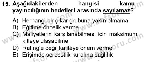 Radyo ve Televizyon Yayıncılığı Dersi 2012 - 2013 Yılı (Vize) Ara Sınav Soruları 15. Soru