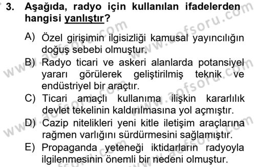 Radyo ve Televizyon Yayıncılığı Dersi 2012 - 2013 Yılı (Vize) Ara Sınavı 3. Soru