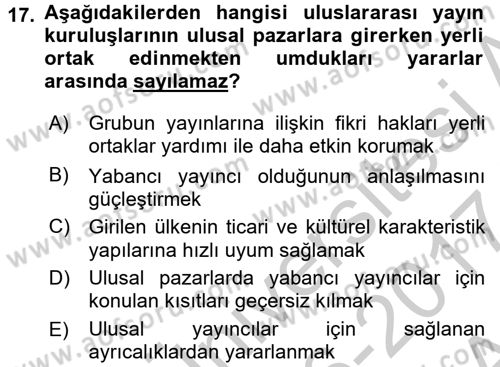 Radyo ve Televizyon Yayıncılığı Dersi 2016 - 2017 Yılı (Vize) Ara Sınav Soruları 17. Soru