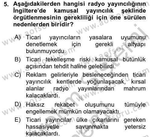 Radyo ve Televizyon Yayıncılığı Dersi 2016 - 2017 Yılı (Vize) Ara Sınav Soruları 5. Soru