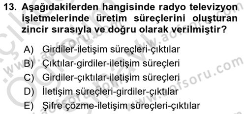 Radyo ve Televizyon İşletmeciliği Dersi 2021 - 2022 Yılı Yaz Okulu Sınav Soruları 13. Soru