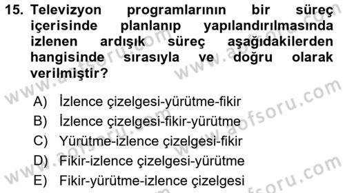 Radyo ve Televizyon İşletmeciliği Dersi 2021 - 2022 Yılı Yaz Okulu Sınav Soruları 15. Soru