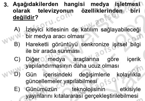 Radyo ve Televizyon İşletmeciliği Dersi 2021 - 2022 Yılı Yaz Okulu Sınav Soruları 3. Soru