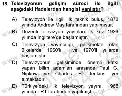 Radyo ve Televizyon Stüdyoları Dersi 2024 - 2025 Yılı (Vize) Ara Sınav Soruları 18. Soru