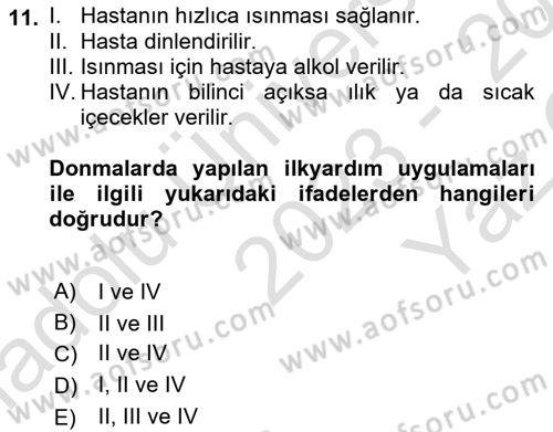 Temel İlkyardım Bilgisi Dersi 2023 - 2024 Yılı Yaz Okulu Sınav Soruları 11. Soru