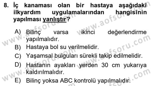 Temel İlkyardım Bilgisi Dersi 2023 - 2024 Yılı Yaz Okulu Sınav Soruları 8. Soru