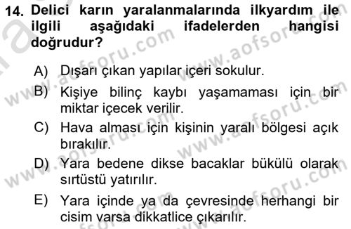 Temel İlkyardım Bilgisi Dersi Ara Sınavı Deneme Sınav Soruları 14. Soru