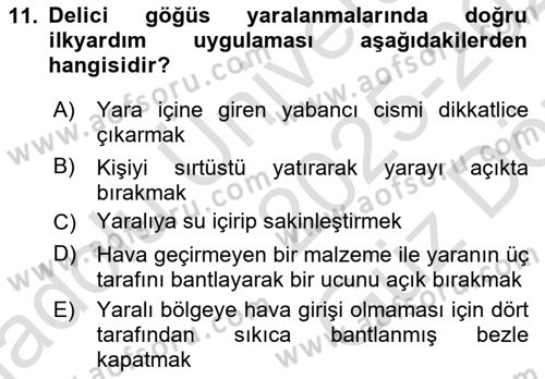 Temel İlkyardım Bilgisi Dersi 2025 - 2026 Yılı (Vize) Ara Sınav Soruları 11. Soru