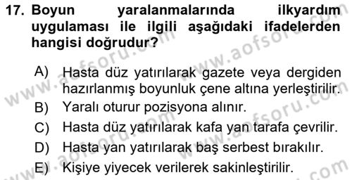 Temel İlkyardım Bilgisi Dersi 2025 - 2026 Yılı (Vize) Ara Sınav Soruları 17. Soru