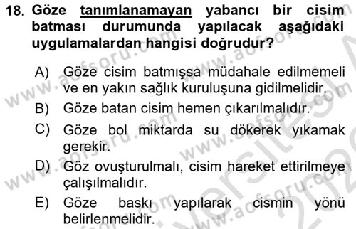 Temel İlkyardım Bilgisi Dersi 2025 - 2026 Yılı (Vize) Ara Sınav Soruları 18. Soru