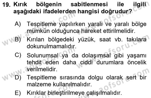 Temel İlkyardım Bilgisi Dersi 2025 - 2026 Yılı (Vize) Ara Sınav Soruları 19. Soru