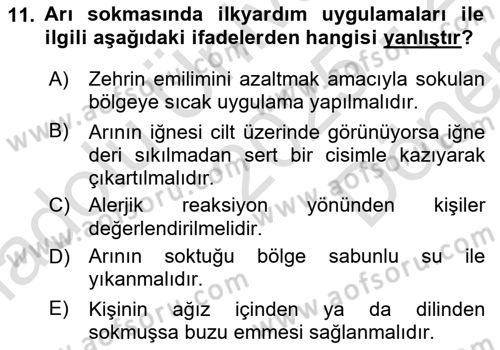 Temel İlkyardım Bilgisi Dersi 2025 - 2026 Yılı (Final) Dönem Sonu Sınav Soruları 11. Soru
