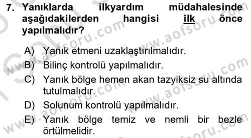 Temel İlkyardım Bilgisi Dersi 2025 - 2026 Yılı (Final) Dönem Sonu Sınav Soruları 7. Soru
