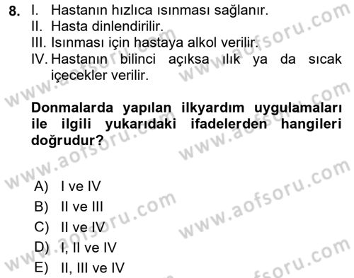 Temel İlkyardım Bilgisi Dersi 2025 - 2026 Yılı (Final) Dönem Sonu Sınav Soruları 8. Soru