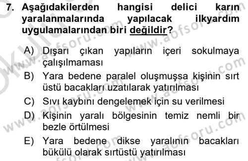 Temel İlkyardım Bilgisi Dersi 2025 - 2026 Yılı Yaz Okulu Sınav Soruları 7. Soru