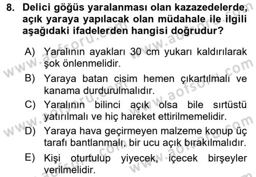 Temel İlkyardım Bilgisi Dersi 2025 - 2026 Yılı Yaz Okulu Sınav Soruları 8. Soru
