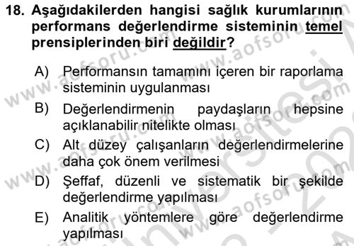 Sağlık İşletmeciliği 1 Dersi Ara Sınavı Deneme Sınav Soruları 18. Soru