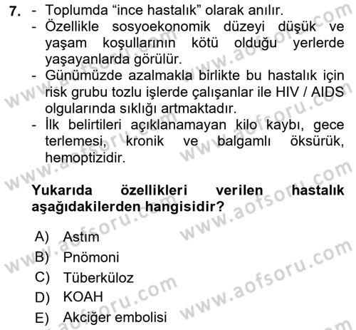 Temel Sağlık Ve Hastalık Bilgisi Dersi 2022 - 2023 Yılı Yaz Okulu Sınav Soruları 7. Soru
