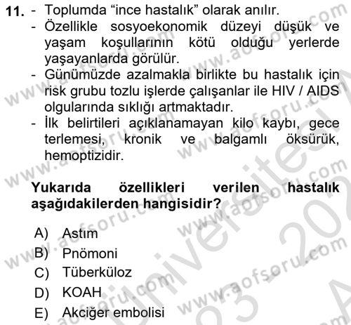 Temel Sağlık Ve Hastalık Bilgisi Dersi 2023 - 2024 Yılı (Vize) Ara Sınav Soruları 11. Soru