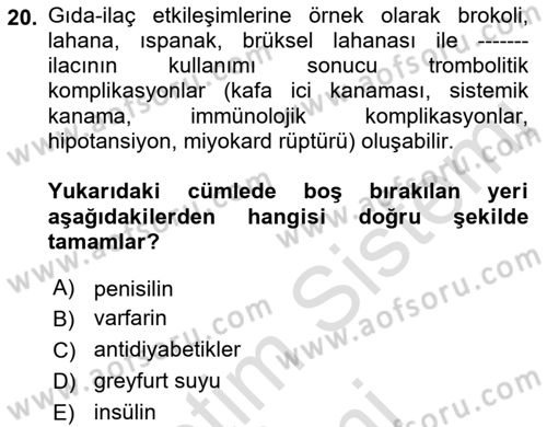 Temel Sağlık Ve Hastalık Bilgisi Dersi 2023 - 2024 Yılı (Final) Dönem Sonu Sınav Soruları 20. Soru