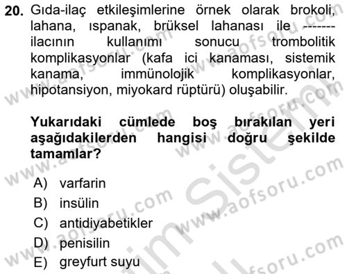 Temel Sağlık Ve Hastalık Bilgisi Dersi 2023 - 2024 Yılı Yaz Okulu Sınav Soruları 20. Soru