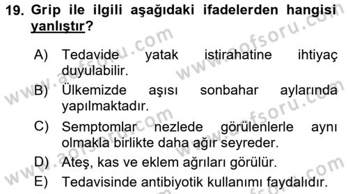 Hastalıklar Bilgisi Dersi 2020 - 2021 Yılı Yaz Okulu Sınav Soruları 19. Soru