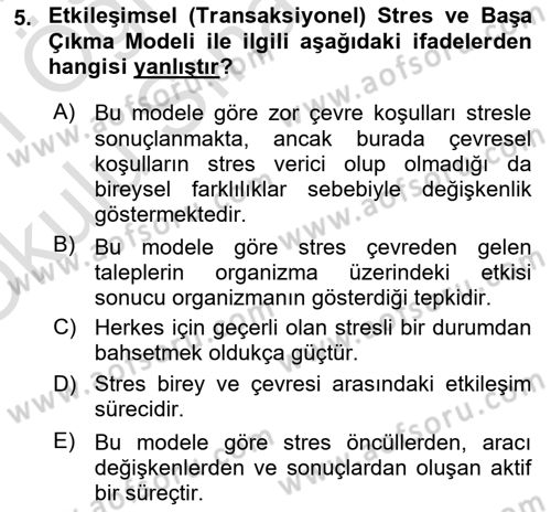 Sağlık Psikolojisi Dersi 2020 - 2021 Yılı Yaz Okulu Sınav Soruları 5. Soru