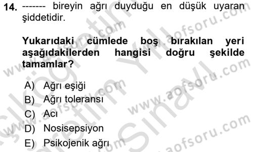 Sağlık Psikolojisi Dersi 2021 - 2022 Yılı (Vize) Ara Sınav Soruları 14. Soru