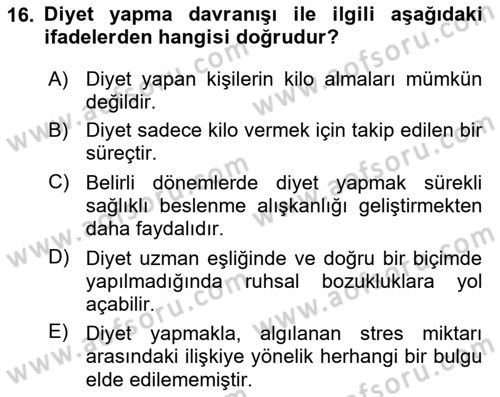 Sağlık Psikolojisi Dersi 2021 - 2022 Yılı (Vize) Ara Sınav Soruları 16. Soru