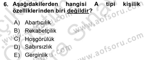 Sağlık Psikolojisi Dersi 2021 - 2022 Yılı (Vize) Ara Sınav Soruları 6. Soru